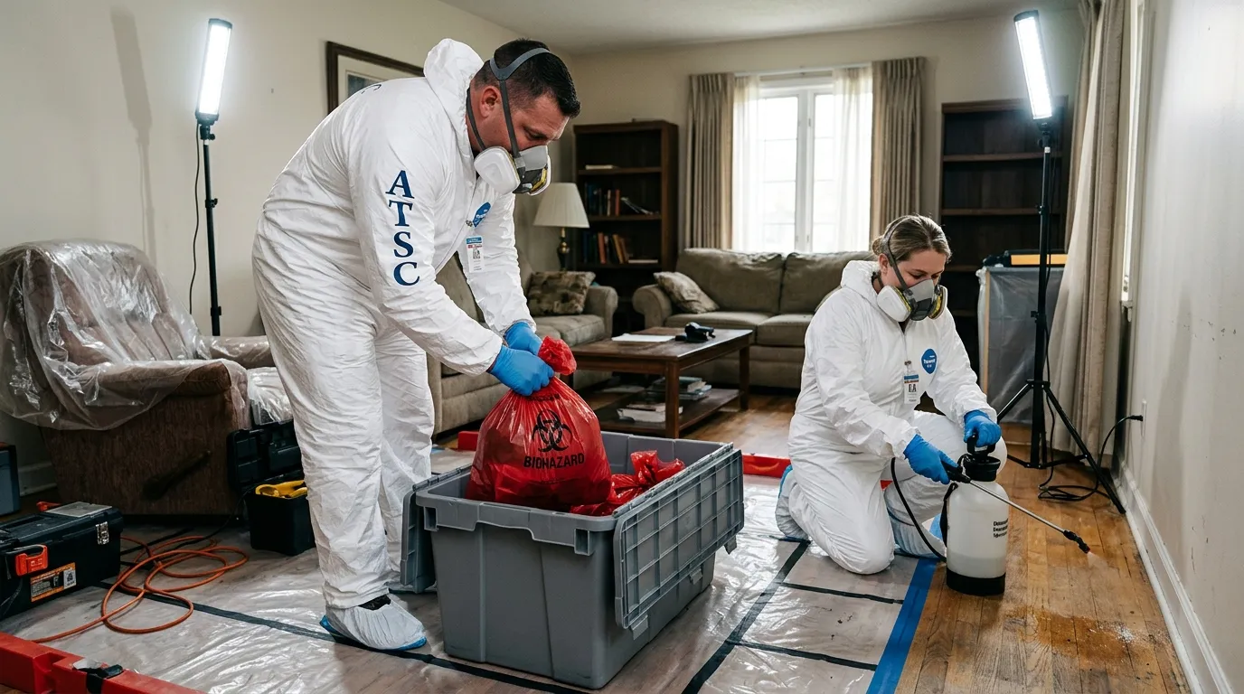Professional Biohazard Cleanup technician in full PPE working in South Jordan